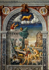 Sternzeichen: „Der Stier“ Oben Medaillons mit Porträts von Tiberius und Caligula. Unten, Legende zur Entstehung der Konstellation des Zeichens: der Gott Pan spielt die Flöte. Links legt eine Ziege ein Junges nieder