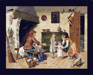 Bildplatte, die eine Hüttenszene mit Mutter, zwei jungen Mädchen und einem Kleinkind zeigt, das seine ersten Schritte macht, Florenz, ca. 1900-10