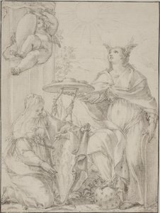 Allegorie mit zwei weiblichen Figuren, eine stellt den Glauben dar und hält ein Wappen von Giovanni Odazzi