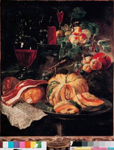 Stillleben mit Kürbis, Speck, Schinken, Pfirsichen und Wein. Gemälde von Giovan Paolo Castelli genannt Lo Spadino (1659-1730) 1703 Rom, Museum der Konservatoren von Giovanni Paolo Castelli