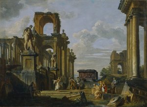 Architektonische Capriccio des römischen Forums mit Philosophen und Soldaten unter antiken Ruinen von Giovanni Paolo Pannini