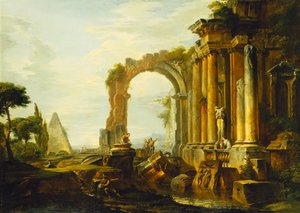 Ein Capriccio klassischer Ruinen mit der Pyramide von Cestius und Figuren in einer Landschaft