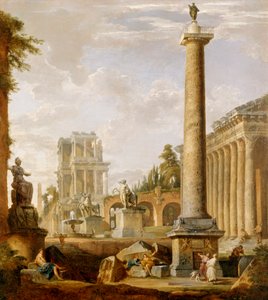 Capriccio römischer Ruinen mit der Trajanssäule von Giovanni Paolo Pannini