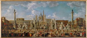 Vorbereitungen für das Feuerwerk und die Dekoration des Festes auf der Piazza Navona in Rom am 30. November