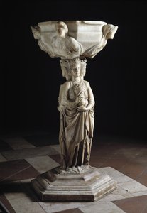 Weihwasserbecken am Pfeiler mit den drei theologischen Tugenden und der Schale mit den Büsten der vier Kardinaltugenden, 13. Jahrhundert (Skulptur) von Giovanni Pisano