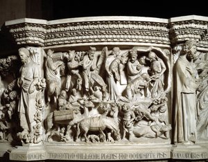 Detail der Reliefs des Stuhls: Die Reise und die Anbetung der Heiligen Drei Könige (Detail)
