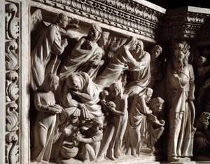 Detail der Reliefs des Stuhls von Giovanni Pisano (1248-1314): Verkündigung, Heimsuchung und Geburt Johannes des Täufers (Detail) von Giovanni Pisano