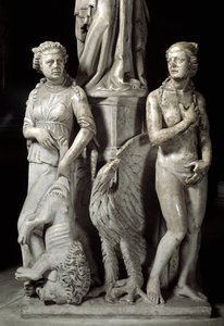 Detail der skulptierten Gruppen, die den Stuhl von Giovanni Pisano (1248-1314) tragen: zwei Kardinaltugenden (Detail der Skulpturen, die die Marmorkanzel tragen, zwei Kardinaltugenden) 1302-1311 Kathedrale von Pisa (Duomo di Pisa), Italien von Giovanni Pisano