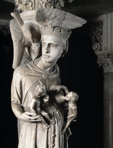 Detail der Skulpturengruppen, die den Stuhl stützen: Die Kirche nährt ihre Kinder (Detail) von Giovanni Pisano