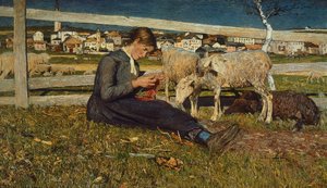 Mädchen strickt Socken, von Giovanni Segantini (1858-1899)