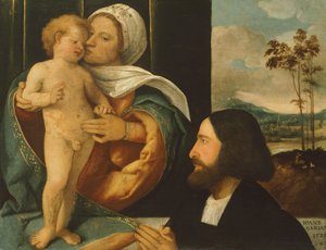 Madonna mit Kind und Gläubigem, von Giovanni Cariani von Giovanni de Busi Cariani