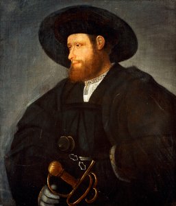 Porträt eines Gentlemans, halbe Länge, in schwarzem Kostüm und schwarzem Hut von Giovanni de Busi Cariani