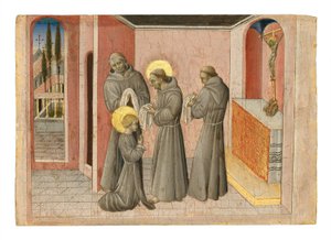Die Investitur der Heiligen Klara: die Heilige erhält die Kleider ihres Ordens von Franz von Assisi, ca. 1389-1482 von Giovanni di Paolo