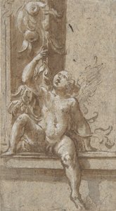 Ein Putto sitzt auf einem Rahmen, ca. 1538-40