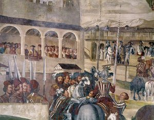 Turnier zu Ehren von Christian I. von Dänemark im Castello di Malpaga, Detail von der linken Seite, 1520-30