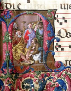 Dekorierter Buchstabe, der Christus beim Füßewaschen darstellt. Miniatur von Girolamo da Cremona und Liberale da Verona aus einem Chorbuch der Kathedrale von Siena. 15. Jahrhundert