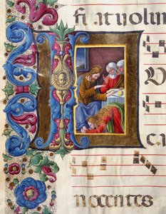 Illuminierte Initiale, die Maria Magdalena zu Füßen Jesu darstellt. Miniatur von Girolamo da Cremona (aktiv um 1451-1483) und Liberale da Verona (1445-1529) aus einem Chorbuch (Cod. 22/7. c.15v) aus der Kathedrale von Siena. 15. Jahrhundert