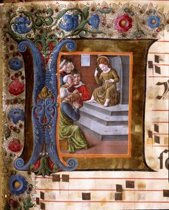 Illuminierte Initiale, die das Christkind und die Ärzte darstellt. Miniatur von Girolamo da Cremona (aktiv um 1451-1483) und Liberale da Verona (1445-1529) aus einem Chorbuch (Cod. 19/4. c.13.) aus der Kathedrale von Siena. 15. Jahrhundert