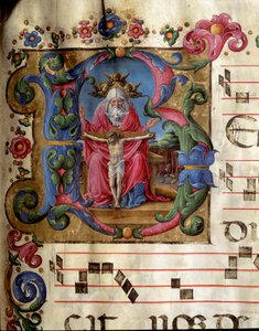 Lettrine B dekoriert, die die Heilige Dreifaltigkeit darstellt. Miniatur von Girolamo da Cremona aus einem Chorbuch der Kathedrale von Siena. 15. Jahrhundert