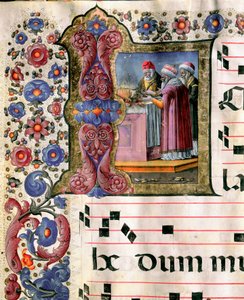 Miniaturszene eines Opfers von Girolamo da Cremona (aktiv um 1451-1483) aus einem Chorbuch (Cod. 10/L. c.114v.) aus der Kathedrale von Siena. 15. Jahrhundert Kathedrale (Duomo) von Siena, Italien