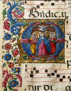 Die Taube des Heiligen Geistes erscheint der Jungfrau Maria und den Aposteln. Miniatur von Girolamo da Cremona (aktiv um 1451-1483) aus einem Chorbuch (Cod. 10/L. c.32v) aus der Kathedrale von Siena. 15. Jahrhundert