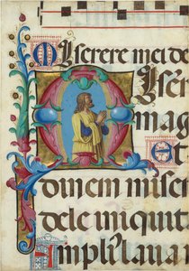 Manuskript-Illumination mit David im Gebet in einem Initial M, aus einem Psalter, Italienisch, 1501-2