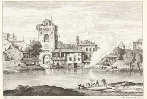 Ansicht einer Stadt mit Turm am Wasser