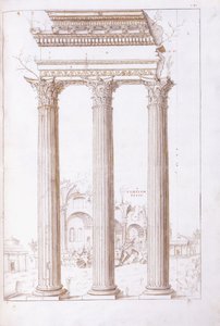 Die Säulen des Tempels von Castor und Pollux, mit dem Tempel des Friedens im Hintergrund, ca. 1550