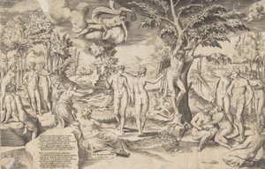 Amor in den Elysischen Feldern an einen Baum gebunden, umgeben von vielen Figuren