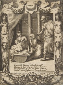 Juno überredet Athena, den jungen Herkules zu stillen, in einem aufwendigen Rahmen, aus von Giulio Bonasone