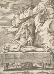 Pieta, Christus ausgestreckt auf einem Tisch in einer Landschaft, die Jungfrau dahinter stehend, 1531-76 von Giulio Bonasone