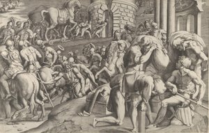 Die Trojaner ziehen das hölzerne Pferd nach Troja, 1545