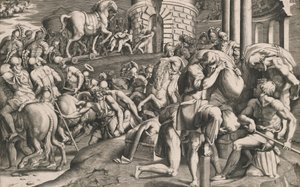 Die Trojaner ziehen das hölzerne Pferd in die Stadt, 1545