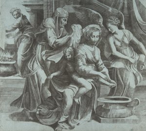 Die Jungfrau wäscht das Christkind, begleitet von Figuren und einem Engel rechts, ca. 1550-60