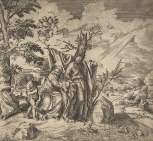 Die Rast der Heiligen Familie auf ihrer Flucht nach Ägypten, 1531-76 von Giulio Bonasone