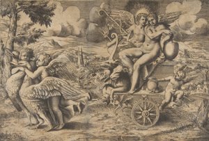 Der Triumph von Amor und Psyche, die auf einem von zwei Vögeln gezogenen Wagen sitzen, ca. 1550-67 von Giulio Bonasone
