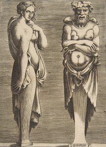 Zwei Figuren, eine Nymphe links und Silvanus rechts