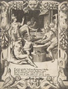 Vulkan, Neptun, Athene und andere Götter schmieden Fesseln, um Jupiter aus dem Himmel zu ziehen von Giulio Bonasone