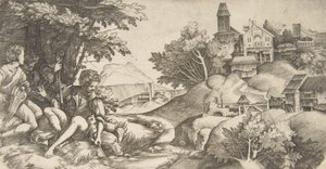 Links vier Hirten mit Musikinstrumenten unter einer Baumgruppe sitzend..., ca. 1517 von Giulio Campagnola