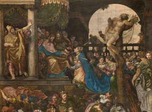 Wand gegenüber der Gegenfassade des südlichen Querschiffs, Giuseppe Campi, Triumph von Mordecai 1567, Detail obere Teil
