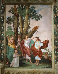 Nymphe Amaryllis, Gewinnerin des Kusswettbewerbs, Fresko inspiriert vom pastoralen Spiel Der treue Hirte