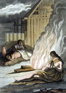 Germanen um das Feuer - in „The old and modern costume“ von Jules Ferrario, ed. Mailand