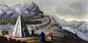Sami-Landschaft: Ureinwohner, die in den Ländern der nördlichen Länder (Norwegen, Finnland, Schweden und Russland) leben, flechten Körbe und reinigen Fische in der Nähe eines Zeltes. in „Das alte und moderne Kostüm“ von Ferrario, hrsg. Mailand