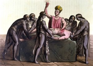 Topiltzin (Hohepriester der alten mexikanischen Zivilisationen) vollzieht ein Menschenopfer - in „Das alte und moderne Kostüm“ von J. Ferrario