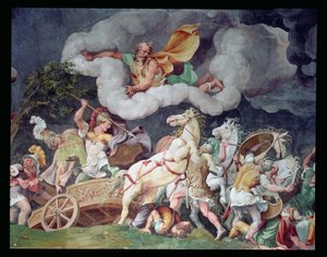 Achilles zieht den Körper von Hector auf seinem Streitwagen, Detail von der Decke der Sala di Troia, ca. 1538