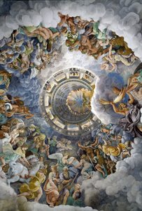 Gesamtansicht der Decke des Saals der Giganten, Mantua (Palazzo del Te, Mantova): die Götter des Olymp. Fresko von Giulio Pippi de