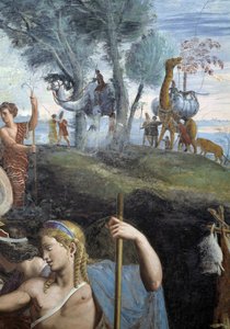 Edles Bankett (Südwand), Detail: Kamele und Giraffe. Fresko von Giulio Pippi de