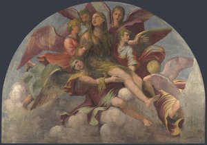 Heilige Maria Magdalena von Engeln getragen von Giulio Romano