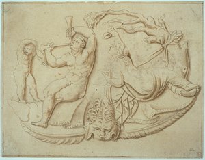 Satyr mit zwei Pfeifen und Putto und Frau, die von einem Baum trinkt