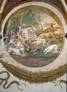 Szene, die zeigt, dass diejenigen, die unter dem Zeichen des Krebses in Verbindung mit dem Sternbild des Mars geboren sind, im Jagen und Fischen geschickt sein werden, symbolisiert durch eine Jagdszene, aus der Camera dei Venti